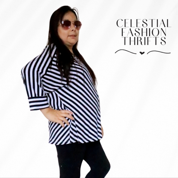 APT 9 WOMENS SIZE XL BLACK & WHITE STRIPE SHIRT - Picture 2 of 3